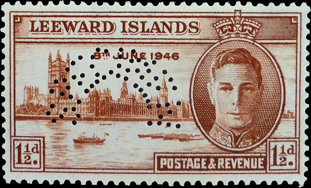 Leeward_Islands_1946_1.5d_SPECIMIN_perfin_Forgery
