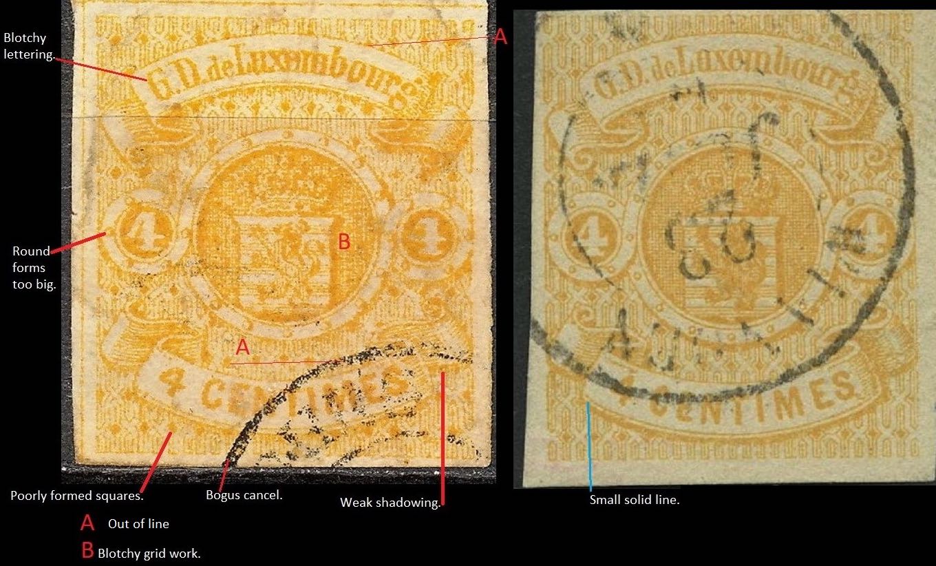 Luxembourg_1859-65_Coat-of_Arms_4c_Genuine-vs-Forgery