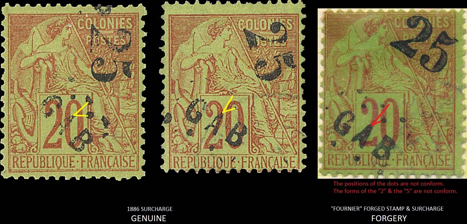 Gabon_1886_25c_Surcharge_Genuine-vs-Forgery