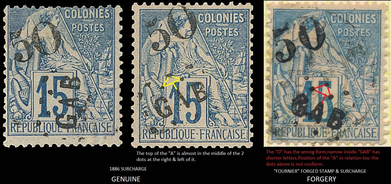Gabon_1886_50c_Surcharge_Genuine-vs-Forgery