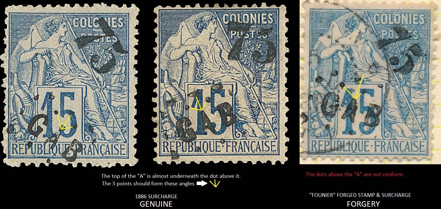 Gabon_1886_75c_Surcharge_Genuine-vs-Forgery