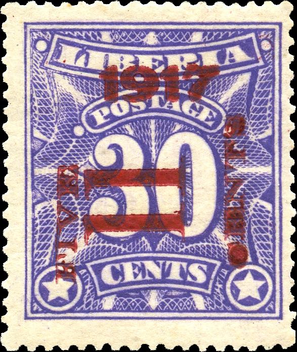 Liberia_1917_Provisional_5c-on-30c_Genuine